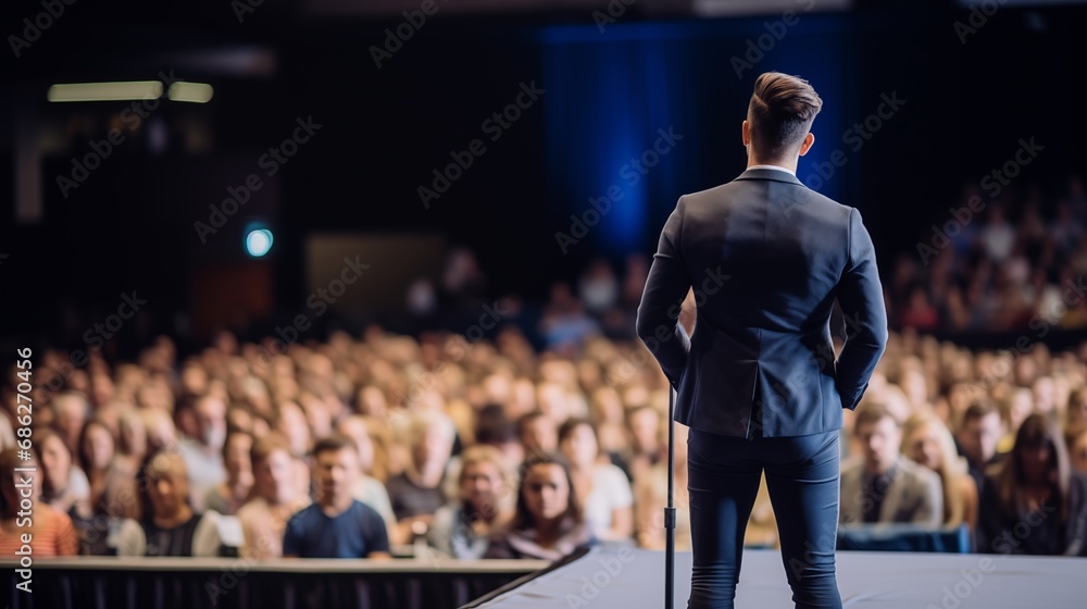 Back view of business event motivational speaker on a stage in front of his audience for motivation speech on conference