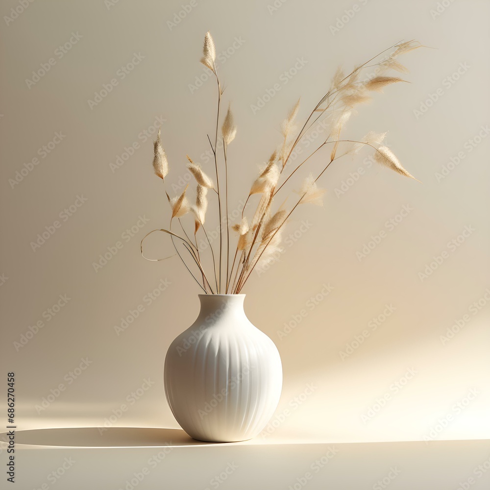 Beautiful background in pastel warm colors in the form of a wall and a vase with dried flowers, sunny morning, the rays of the sun fall on the flower arrangement: screensaver, background, postcard 