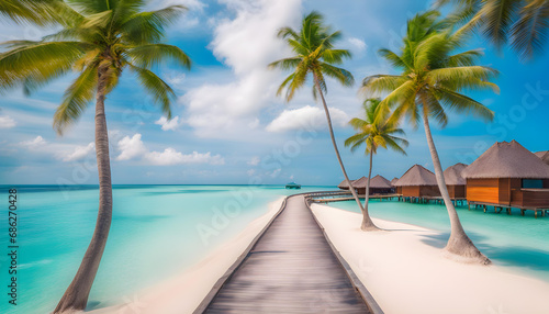 Beautiful tropical Maldives island with beach , sea , and coconut palm tree