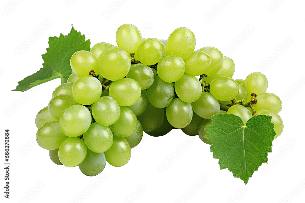 Real green grape with leaves On Transparent Background Real green grape with leaves On Transparent Background
