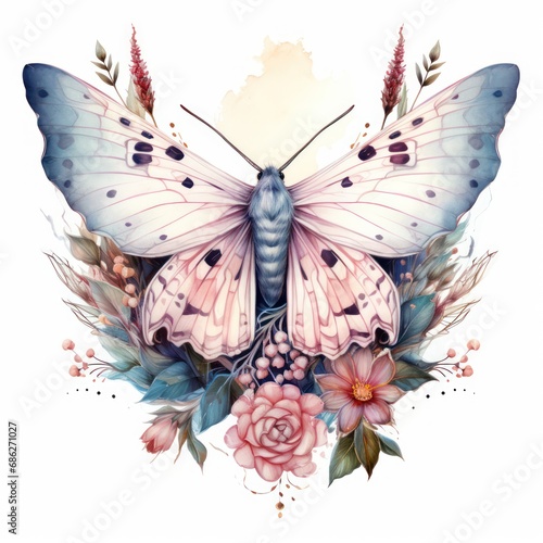 Ethereal Watercolour Mystical Moth Clipart Mysterious Moth on Flower