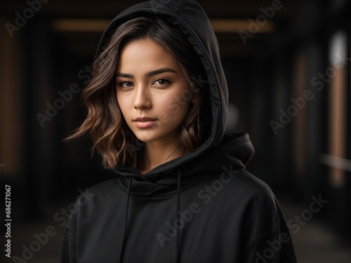 Photo of a handsome young female wearing black blank hoodie..
