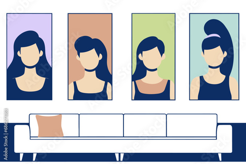 Interior of a hairdressing salon or beauty salon with a sofa and four women's portraits, flat vector illustration.