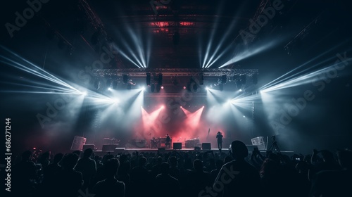 Dark concert background lightened with red and white projector lights and smoke