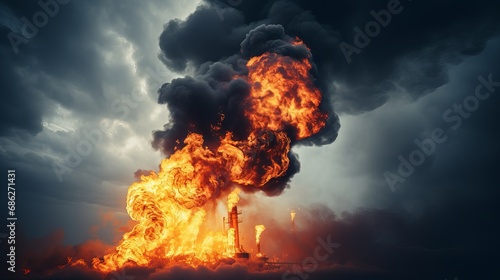 The end of oil reserves is reached when oil production pipes on planet Earth are polluted with smoke and a drop of oil. photo