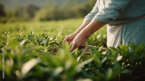 Green tea plantation. Farmer is collecting green tea leaves. Female hands close-up. Carefully collected exquisite varieties of tea.