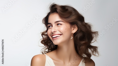 A charming expensive gift is given to a coquettish attractive happy girlfriend who smiles joyfully and clasps hands near her jawline in a flirty feminine pose while standing in white background.