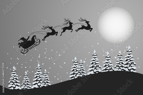 Winter landscape with fir trees and Santa on a sleigh with reindeer in the sky under the moon. Christmas greeting card template Vector