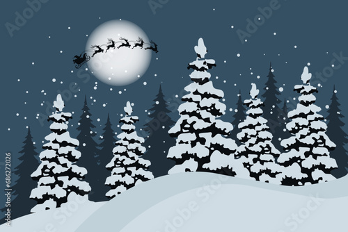 Winter landscape with fir trees and Santa on a sleigh with reindeer in the sky under the moon. Christmas greeting card template Vector