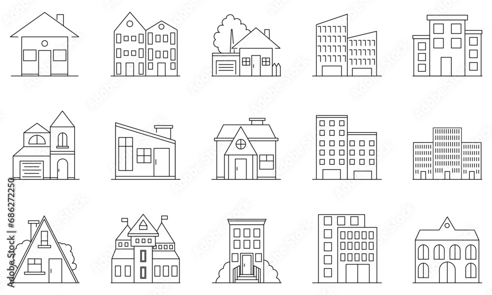 Web icons in line style. Icons of houses and buildings. Web icons in line style. Icons of houses and buildings.