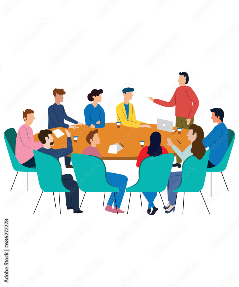 Flat Art Working Icons Of Corporate Employee In Business Meeting