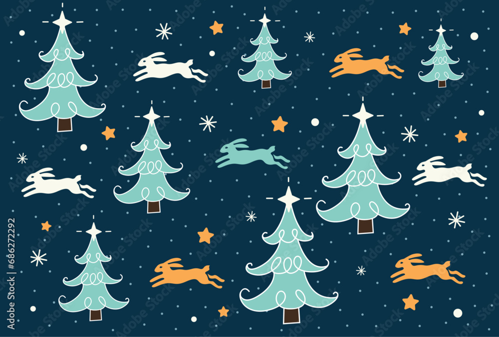 Christmas and New Year pattern with fir trees, bunnies and snow. Festive pattern in vector, flat style.