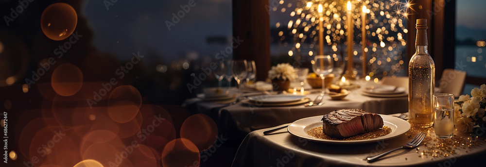New year's eve celebration dinner in exclusive, luxury restaurant, hotel, resort, table with food, champaigne, and fireworks in the elegant background, panoramic banner, header. Generative AI.
 - obrazy, fototapety, plakaty 