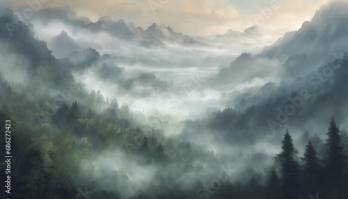 Beautiful View of Misty Mountain Forest Landscape Wallpaper Background photo