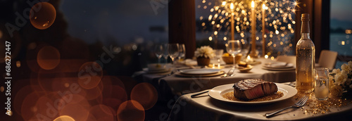 New year's eve celebration dinner in exclusive, luxury restaurant, hotel, resort, table with food, champaigne, and fireworks in the elegant background, panoramic banner, header. Generative AI. 