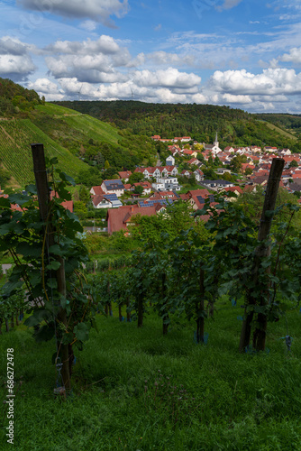 Blick auf das Weindorf Ramsthal und seine Weinberge im Abendlicht, Landkreis Bad Kissingen, Franken, Unterfranken, Bayern, Deutschland