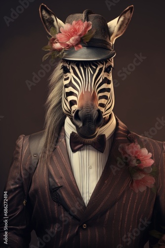 A zebra dressed in a formal suit and hat. Suitable for fashion  humor  and animal-themed designs