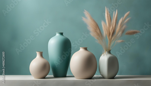 Minimal interion design with ceramic vases on teal plaster texture wall.