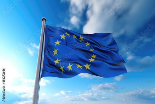 A European flag waving proudly in the wind on a sunny day. Perfect for patriotic or travel-related projects.