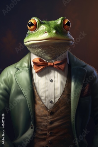 A frog dressed in a suit and bow tie. Perfect for adding a touch of whimsy to any project or design.