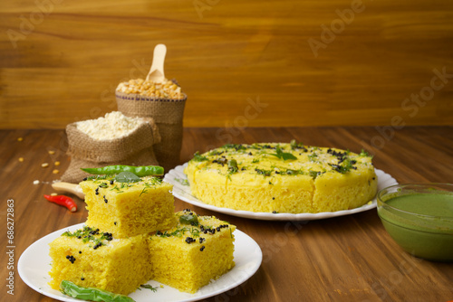 Chana Dal  Gram Flour Dhokla  served with mint chutney, photo