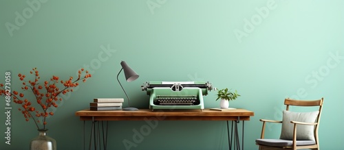 Typewriter on wooden desk in writer s workspace with green wall photo