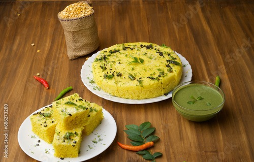 Chana Dal  Gram Flour Dhokla  served with mint chutney, photo