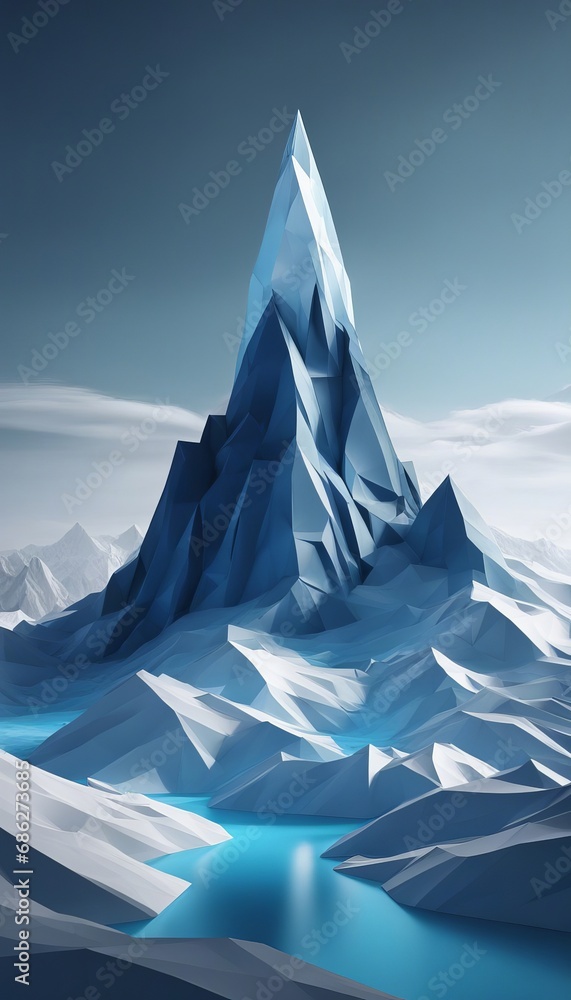 Fototapeta premium A striking digital illustration of an ice low-poly mountain with sharp edges surrounded by a mysterious blue lake under a clear sky.