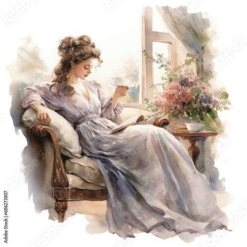 Romantic Watercolor Clipart of Victorian Lady in Charming Reading Nook