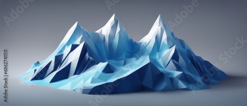 Mountain range with sharp peaks and valleys. Mountains are blue and white, background is gray. Image has a modern and abstract feel.