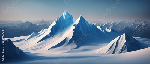 Panoramic view of a snowy mountain landscape. The sky is a deep blue and the mountains are covered in snow and ice.