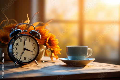 Alarm clock and cup of coffee on table, good morning concept and coffee time photo