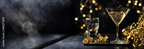 New year's eve party, elegant event, christmas black banner with gold champagne, panoramic background. Generative AI.