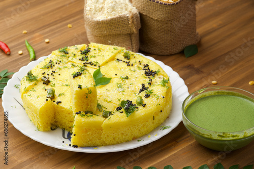 Chana Dal  Gram Flour Dhokla  served with mint chutney, photo