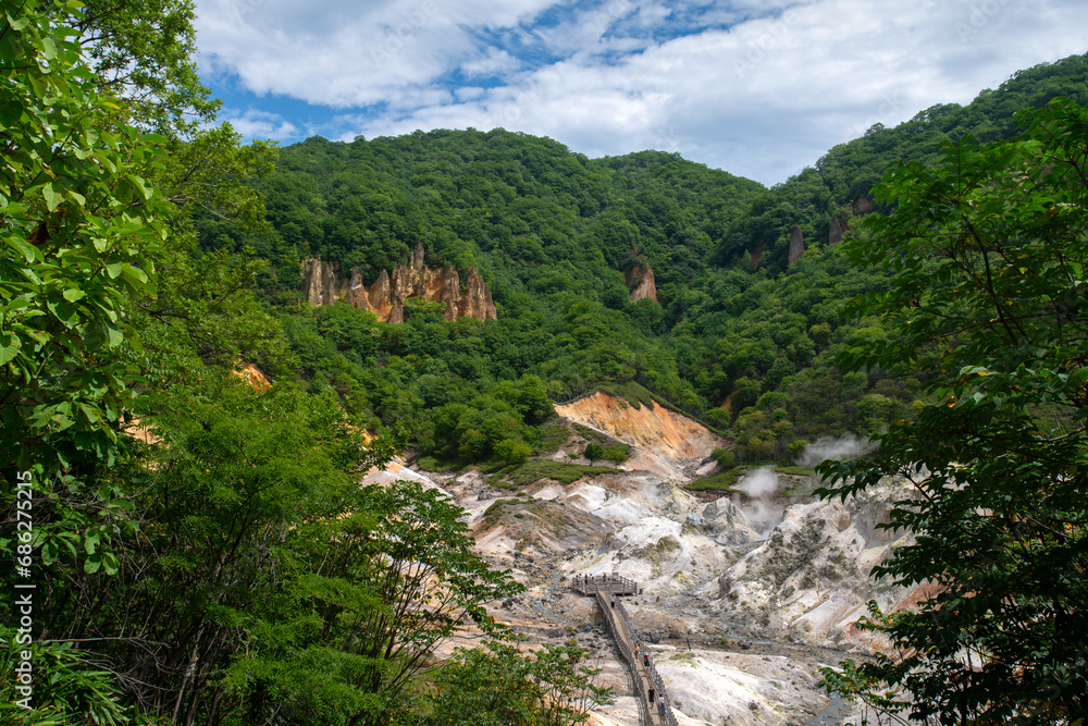 Jigokudani, or named Hell Valley as the characteristic of hot steam vents, sulfurous streams and other volcanic activity, main source of Noboribetsu Onsen, Noboribetsu, Hokkaido, Japan