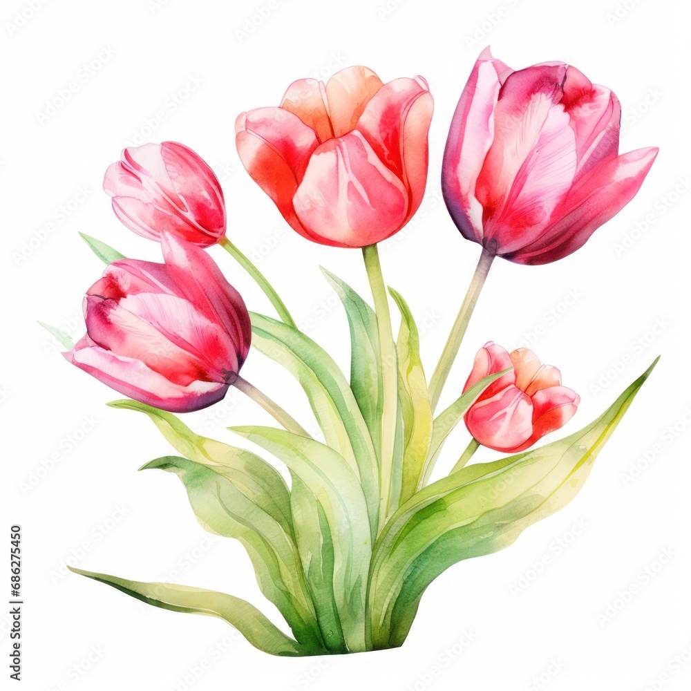 Watercolor Spring Garden Clipart Blooming Tulip in Pink and Green