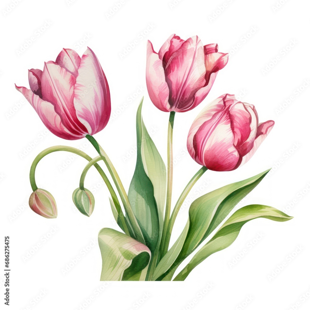 Watercolor Spring Garden Clipart Blooming Tulip in Pink and Green