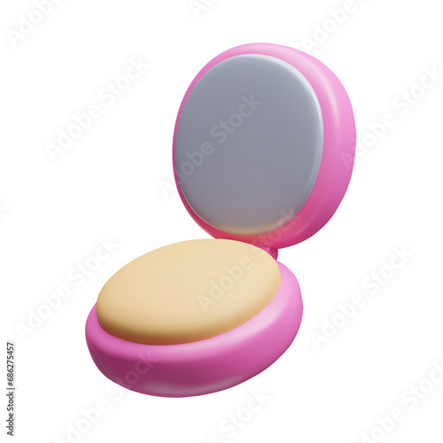 3D compact powder palette vector render. Cute cartoon style pink powder puff box cushion vector illustration isolated. 3D beauty makeup cosmetic product. Pressed powder skin foundation with mirror.