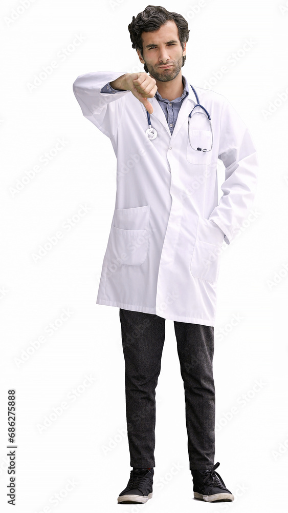 male doctor in a white coat on a white background showing thumbs down male doctor in a white coat on a white background showing thumbs down