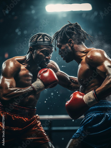 Two strong boxers in action in the ring   © vladzelinski