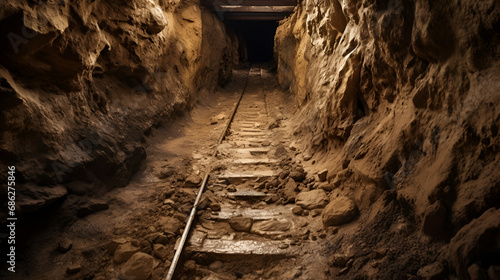 a large deep footprint in the soil next to rails in a dark abandoned gold mine