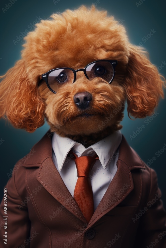 A picture of a brown dog dressed in a suit and tie. This image can be used to represent professionalism, business attire, or a formal event