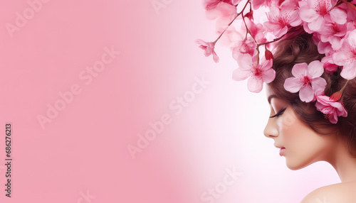 Beauty portrait of woman with flowers on pink background ,spring concept © terra.incognita