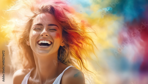 Happy woman with holi colors on her face and in her hair festival of colors ,spring concept