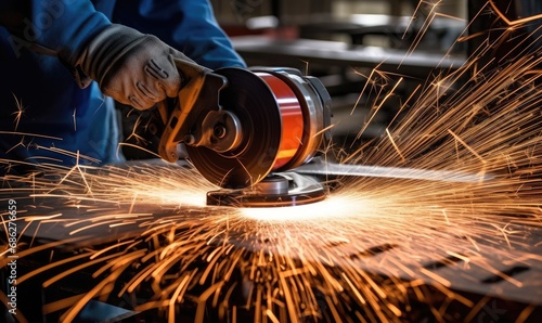 A Skilled Craftsman Working on Metal with a Powerful Grinder photo