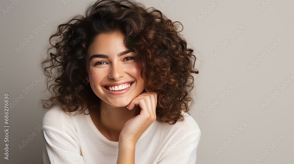 A charming look is displayed by an optimistic woman who clasps her hands close to her face and broadens her smile. A charming look is displayed by an optimistic woman who clasps her hands close to her face and broadens her smile.