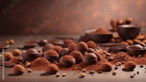 Chocolate bonbons , cocoa beans and cocoa powder on the table  photo