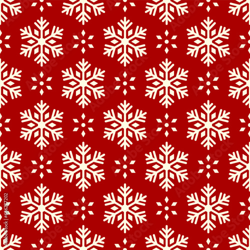 Beautiful small white snowflakes isolated on a red background. Cute monochrome holiday seamless pattern. Vector simple flat graphic illustration. Texture.