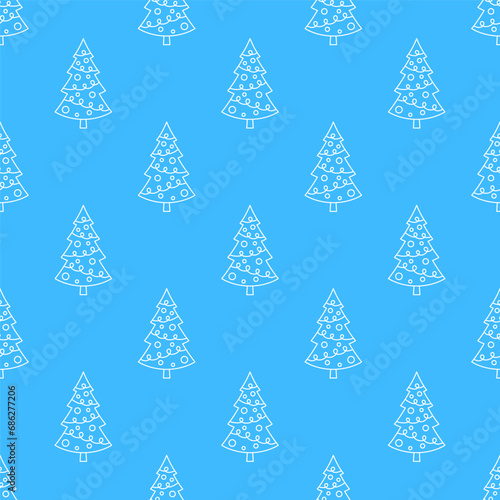 Small white contour linear decorated Christmas trees isolated on a blue background. Cute monochrome holiday seamless pattern. Vector simple flat graphic illustration. Texture. © far700