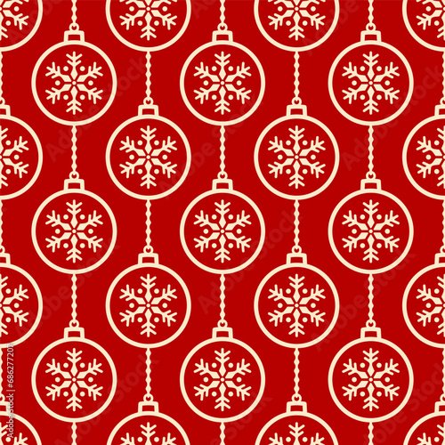 Small yellow-white contour linear Christmas balls and snowflakes isolated on a red background. Cute monochrome holiday seamless pattern. Vector simple flat graphic illustration. Texture.